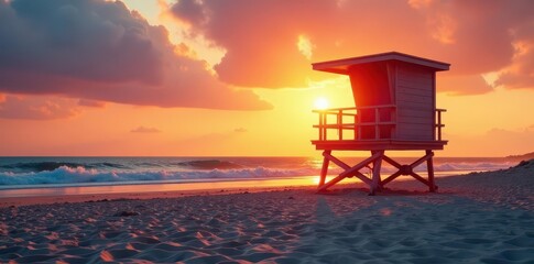 Sunset casts long shadows on a lifeguard tower on sandy beach , vibrant, silhouette