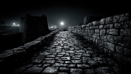 Obraz premium A gray-toned, cobblestone path stretches through a walled area at night. Foggy light illuminates the rough-hewn stone walls and path