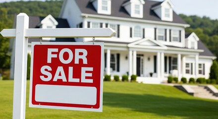 Fototapeta premium Luxury Home For Sale: Spacious White House with For Sale Sign, Green Lawn, and Hillside View.