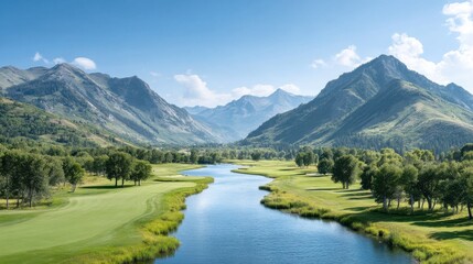 Majestic River Valley with a Golf Course and Towering Mountains