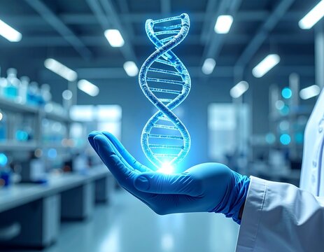 sterile laboratory environment futuristic, DNA Helix in Hand Futuristic Science and Biotechnology