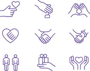 Illustrative Icons Depicting Kindness Charity and Support Featuring Hands Hearts People and Gifts Symbolizing Generosity Empathy and Benevolence in Vector Format