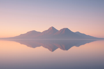 Obraz premium mountains mirrored in still pastel lake, gradient sky, ultra-minimal composition