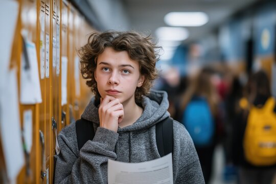 Teenager studies class schedule in school hallway, lockers and students behind