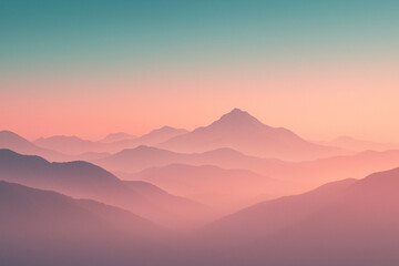Obraz premium mountains in blush fog, gradient sky from teal to coral, serene poster layout