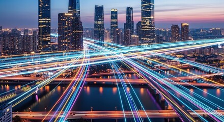 Fototapeta premium Vibrant Night Cityscape: Modern Metropolis with Dynamic Light Trails and Interconnected Bridges.