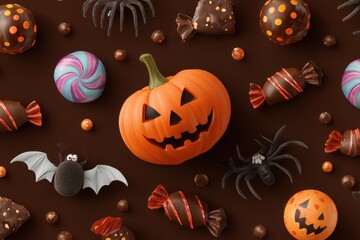 Colorful Halloween themed pattern featuring chocolate treats, playful pumpkin decorations, and spooky elements in a festive arrangement