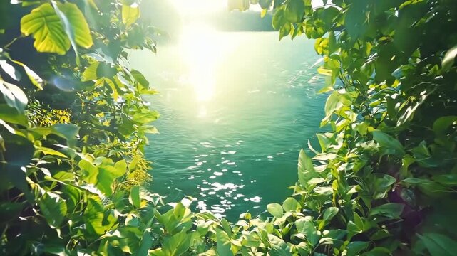 A view of the ocean through a hole in the leaves of a tree