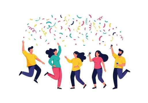 Flat illustration of a group of diverse people joyfully celebrating with colorful confetti raining down, dancing and raising glasses in a festive atmosphere