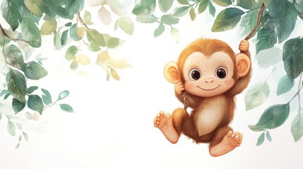 Obraz premium adorable cartoon baby monkey hanging from a vine, watercolor style, white background