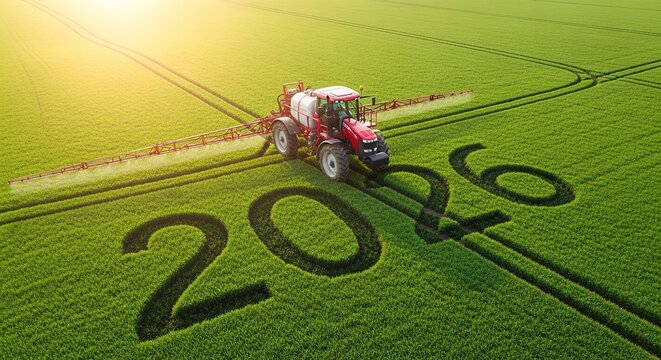 Red tractor sprays green field while carving year 2026 into the crops