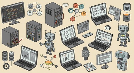 Cartoon-style doodle set of coding screens, servers, laptops, AI robots, smartwatches