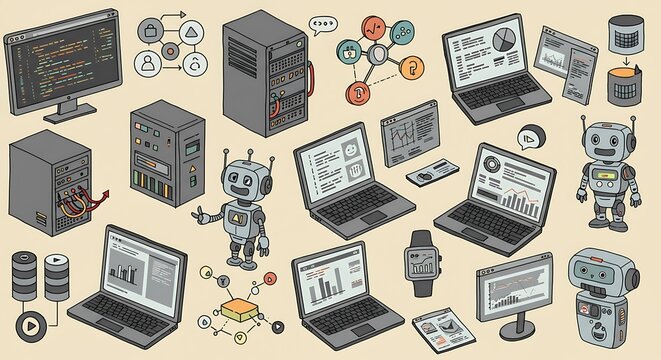 Cartoon-style doodle set of coding screens, servers, laptops, AI robots, smartwatches - Powered by Adobe