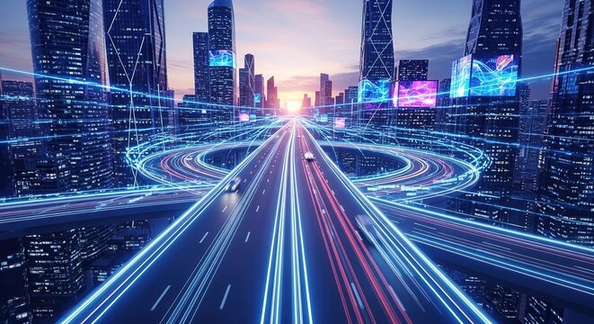 Futuristic Cityscape:  High-Speed Highway with Neon Light Trails and Digital Network Overlay at Sunset.