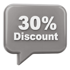 A gray, glossy speech bubble displays a bold, white "30%" in 3D