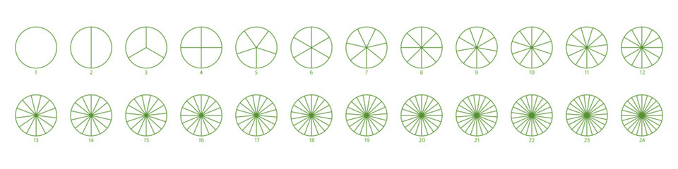 Segmented circles set. Diagram wheel parts. Line art segment slice sign. Circle section graph. Pie chart icon. Round diagram part infographic. Geometric element. Vector illustration
