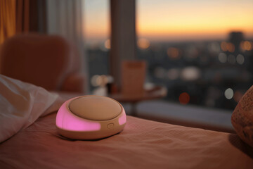 Sensory sleep aid glowing gently in pastel-toned hotel room at sunset