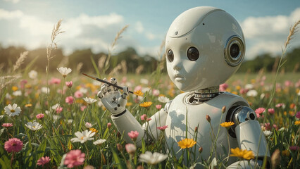 An artificially intelligent robot explores the world of flowers in the great outdoors.