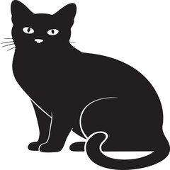 A simple black cat vector illustration featuring a cute, stylized cartoon kitten with a playful tail and big eyes