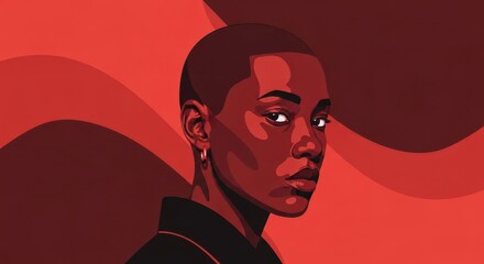 Fototapeta premium Flat illustration of a striking portrait of a confident woman with a short buzzcut, looking directly at the viewer against a bold red background