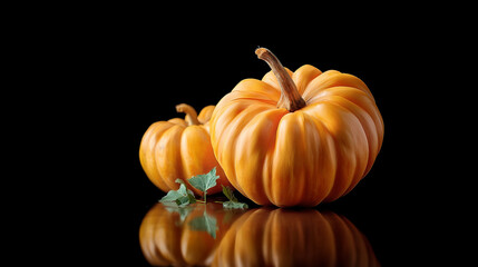 Obraz premium Fresh orange pumpkins with smooth skin and green leaves, perfect for Halloween decorations and autumn celebrations