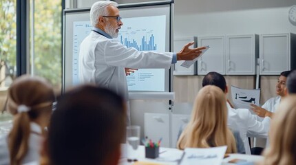 Senior doctor presenting data analysis to medical professionals in a conference room - Powered by Adobe