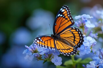 Fototapeta premium Viceroy butterfly Limenitis archippus resting on delicate blue flowers in a vibrant garden during daylight