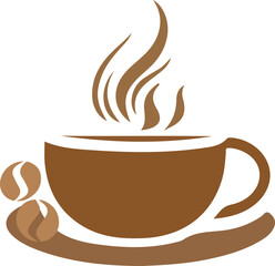 Steaming coffee cup with coffee beans on saucer