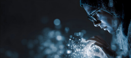 Hooded Innovator Shaping a Luminous Sphere of Digital Network Connections.