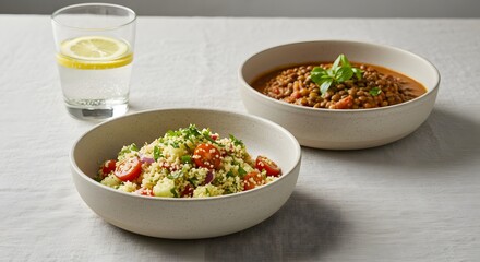 Wholesome Vegan Feast Fresh Couscous Salad and Lentil Stew in Rustic Bowls.