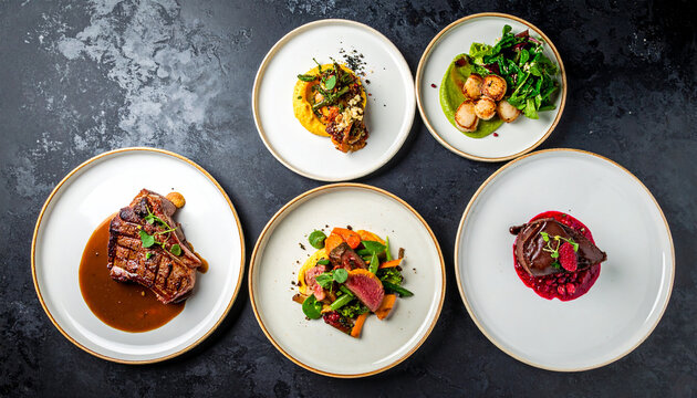Culinary art display of five gourmet main courses. A gastronomic journey featuring steak, seafood, and vegetable dishes on a slate background.