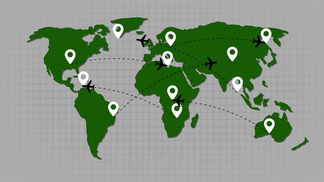 Animation of aircraft routes on the world map. Flight from one destination to another. Airline concept. 4K video animation alpha channel