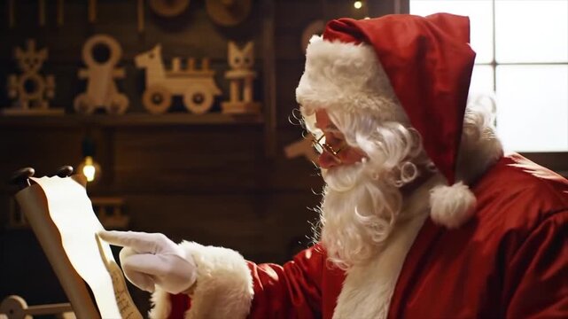 Santa Claus checking his naughty or nice list in a cozy workshop.