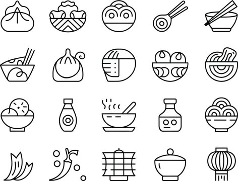 Simple Line Art Icons of Various Asian Cuisine Dishes