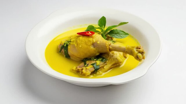 A serving of pato no tucupi &mdash; duck simmered in yellow tucupi broth with jambu leaves and chili &mdash; in a white ceramic bowl. The vibrant yellow sauce and fresh greens contrast beautifully.