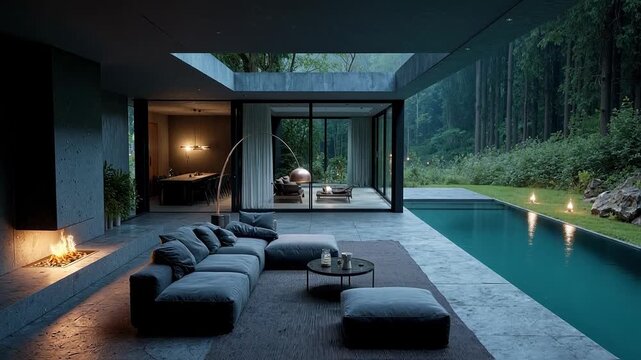 A luxurious modern villa with a swimming pool and fireplace is seamlessly integrated into a forest setting, a concept for minimalist architecture, interior design, and upscale real estate