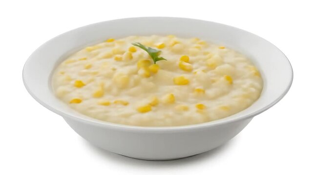 A white bowl of humita en olla &mdash; a creamy, savory corn stew made with fresh corn, onions, and spices &mdash; garnished with a sprig of parsley. The soft, porridge-like texture is visible.