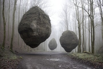 Three large, dark gray rocks levitate in a misty forest path