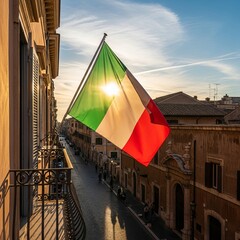 Patriotic Italian flag illuminated by golden sun, overlooking a bustling city street.