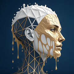 Surreal 3D Render of a Human Head with Liquid Metal and Polygonal Design