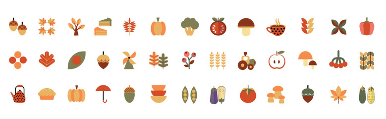 Set of autumn icons in flat geometric style. Leaves, berries, mushrooms, nut, pumpkin, vegetables. Collection of flat icons. Vector illustration.
