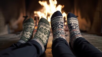 Adult and child's feet in cozy socks warming by a Christmas fireplace.