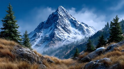 A dramatic mountain range with mist and scattered patches of snow.