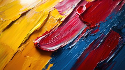 Close - up of Textured Oil Paint Strokes in Vivid Yellow, Red, and Blue 