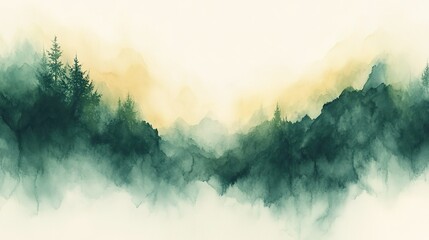 Fototapeta premium Watercolor - inspired Mountainous Landscape with Pine Trees and Misty Atmosphere 