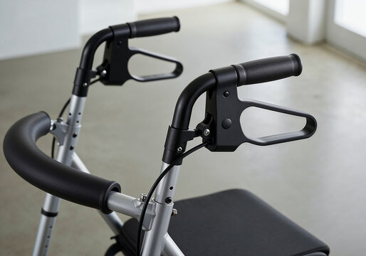 Close-up of a Modern Mobility Walker Rollator with Black Handle and Seat in a Bright Studio