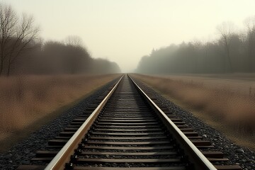 Fototapeta premium Railroad Tracks Vanishing into the Fog