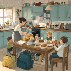Cozy morning scene of a family enjoying breakfast together in their kitchen