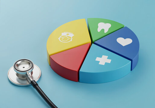 Medical Pie Chart with Health Icons and Stethoscope on a Light Blue Background Representing Healthcare Concepts - Powered by Adobe