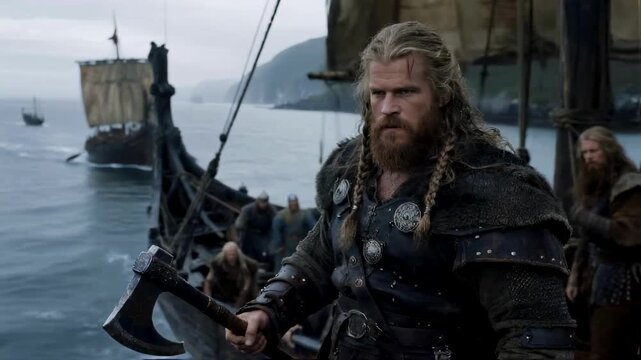 A fierce viking warrior with a beard and an axe stands on his longship, leading his fleet for a raid, representing norse history, mythology and the spirit of ancient warfare